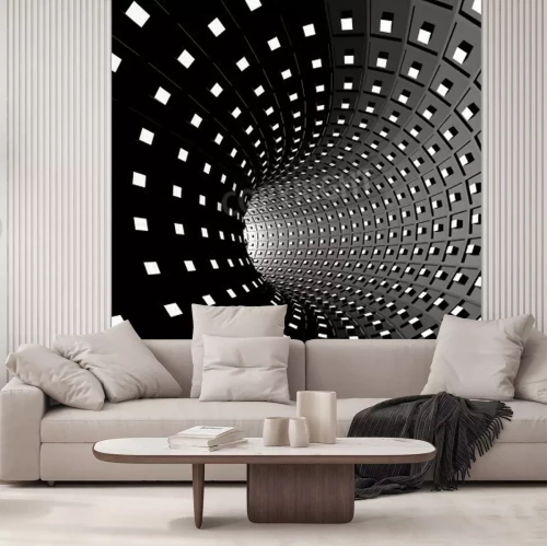 Fototapete Schwarz-weißer 3D-Tunnel mit geometrischem Raster
