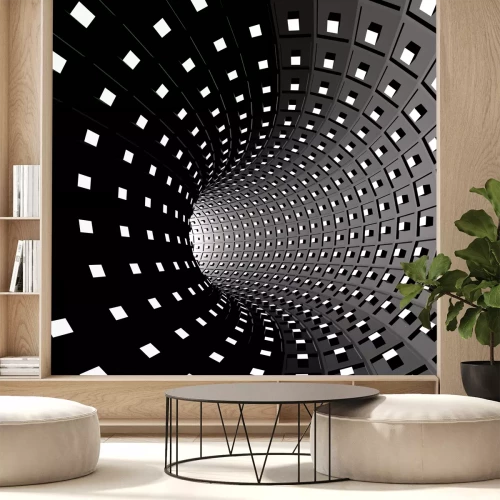 Fototapete Schwarz-weißer 3D-Tunnel mit geometrischem Raster