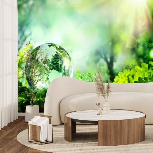 Fototapete Crystal globe on moss in a forest - environment concept