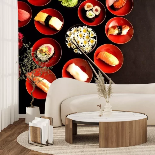 Sticker Sushi auf kleinen roten Tellern