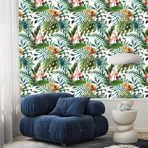 Tapete Tropische Blätter auf weißem Hintergrund