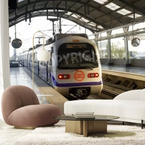 Fototapete Weißer moderner Zug in Bahnstation