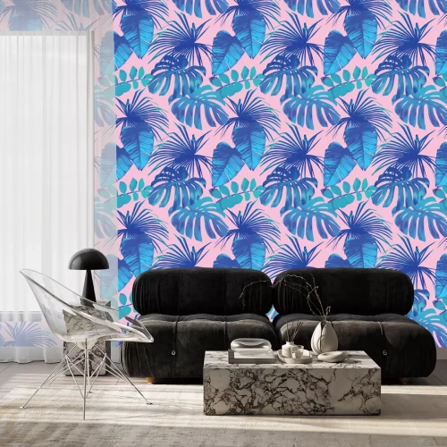 Tapete Blaue Blätter auf Pastellrosa