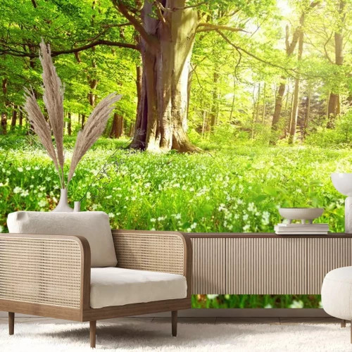 Fototapete Baumstamm und Blumen