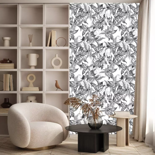 Tapete Schwarz-weißes Motiv mit Orchideen und Blättern