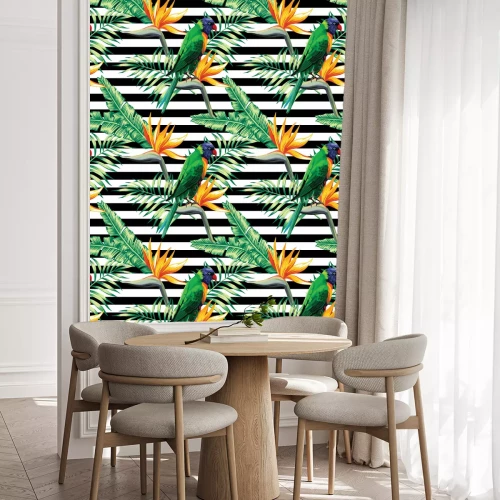 Tapete exotisches Muster von Papageien und Blumen