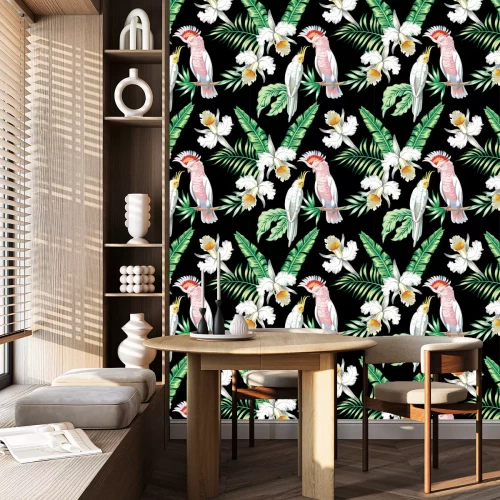 Tapete Papageien exotisch floral seamless background