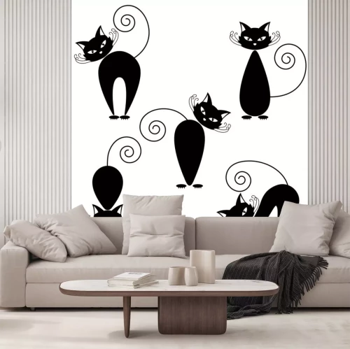 Sticker Schwarze Zeichnung Katzen mit gewelltem Schwanz