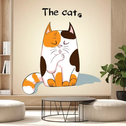 Sticker Katze für Kinder leckt eine ihrer Pfoten