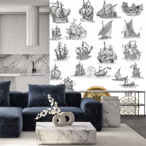 Sticker Meer und Skizzen von verschiedenen Schiffen