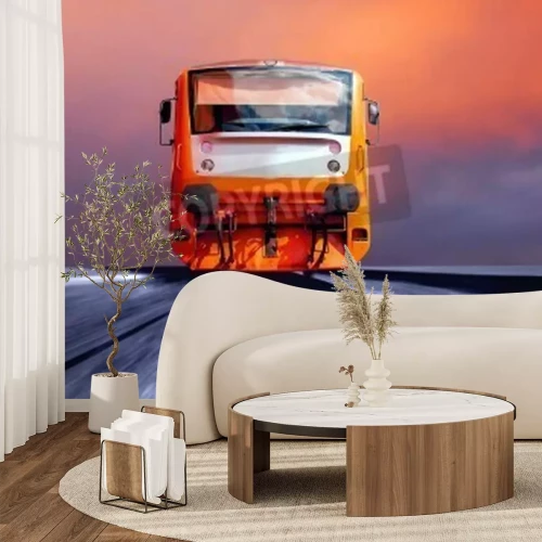 Fototapete Rasender orangenfarbener Zug 3D