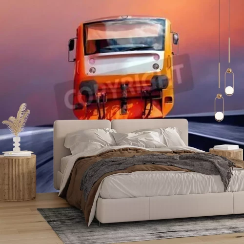 Fototapete Rasender orangenfarbener Zug 3D