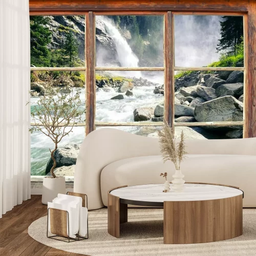 Fototapete Blick aus einem Fenster auf einen reißenden Fluss und einen Wasserfall