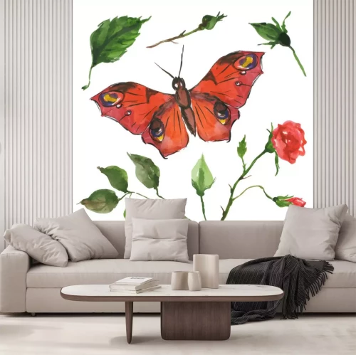 Sticker Roter Schmetterling und Rose