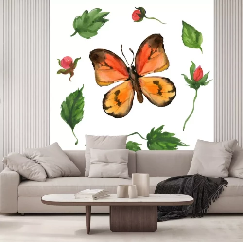 Sticker Orangefarbener Schmetterling und Blätter