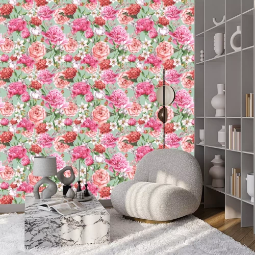 Tapete Rosen und Pfingstrosen im grafischen Stil
