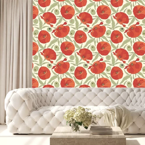 Tapete Mohnblumen und Blätter im grafischen Stil