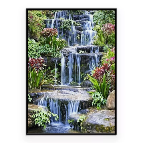 Poster Artificial waterfall and statue at the garden