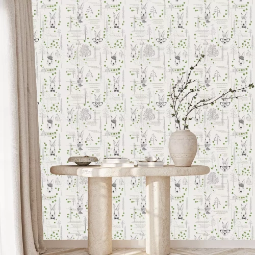 Tapete Nahtlose Muster mit Bäumen, Sträuchern, Laub, Kaninchen