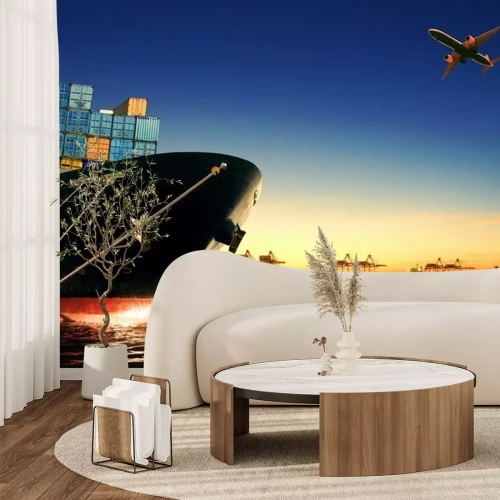 Fototapete Frachter bei Sonnenuntergang