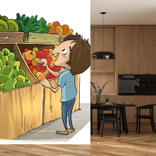 Sticker Junge kauft Gemüse auf dem Markt