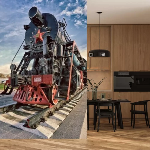 Fototapete Ausstellung mit altem Dampfzug