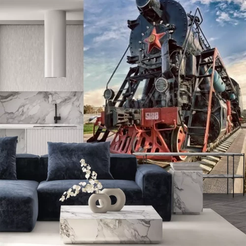 Fototapete Ausstellung mit altem Dampfzug