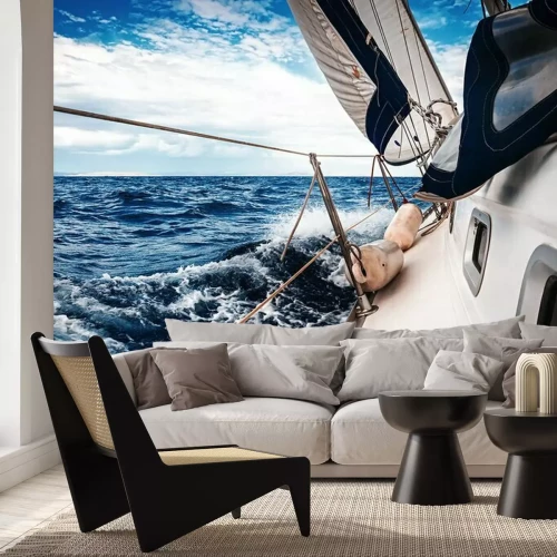 Fototapete Die weißen Segel der Yachten auf dem Hintergrund von Himmel und Meer in den Wolken