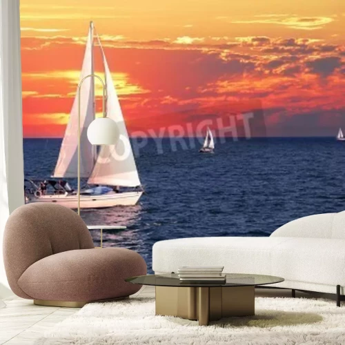 Fototapete Segelboot in Sonnenuntergang bunter Himmel