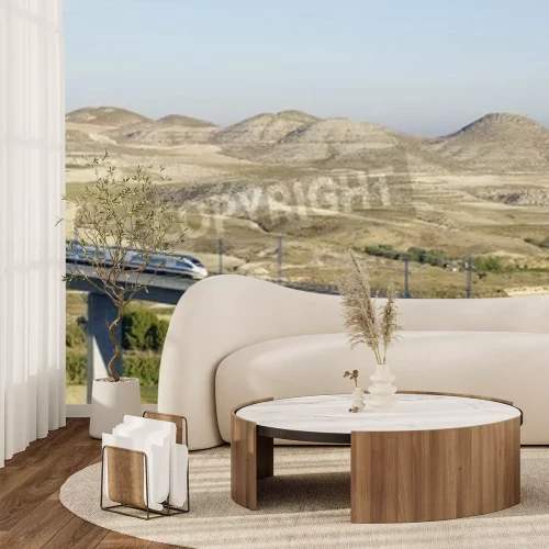 Fototapete Rasender Zug auf hoher Talbrücke