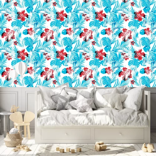 Tapete Tropische Blumen und blaue Blätter