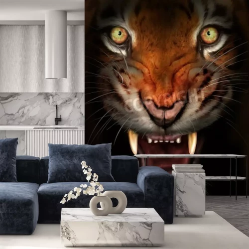 Fototapete Gemalter tiger auf dunklem hintergrund