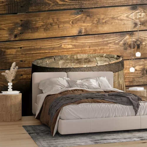 Fototapete Fass vor einem Hintergrund aus Holzbrettern