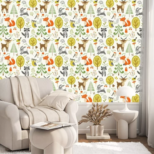 Tapete Seamless summer forest pattern with cute woodland animals, trees, mushrooms and berries
