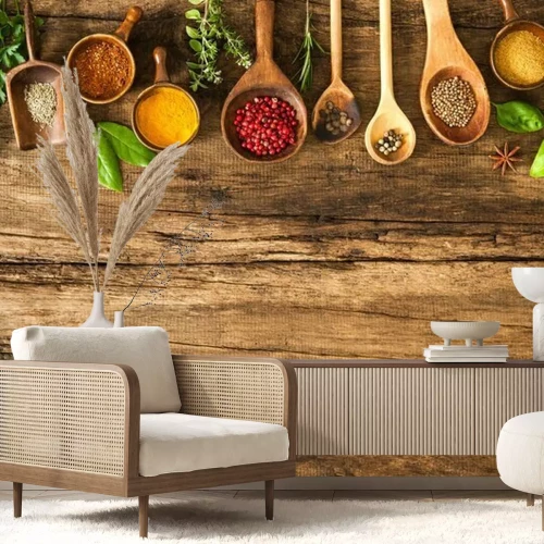 Fototapete Bunte Gewürze auf Holztisch