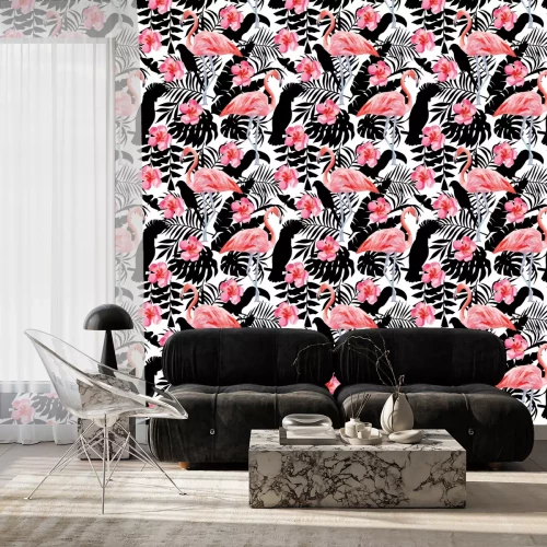 Tapete Vögel auf tropischen Blattzweigen