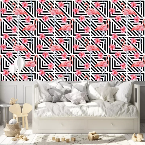 Tapete Vögel Blumen vor einem Hintergrund der Geometrie