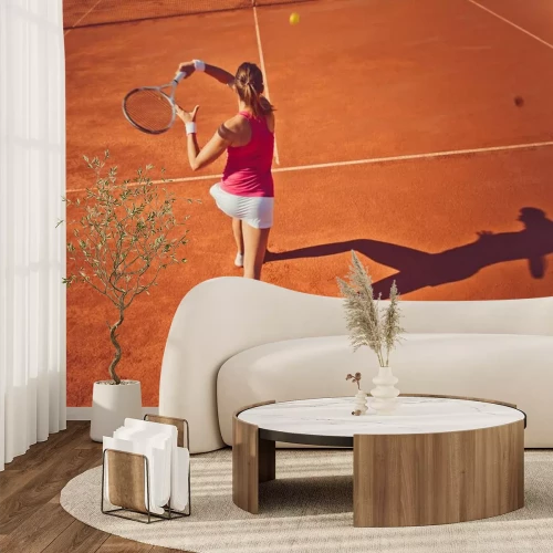 Sticker Junge Frau spielt tennis.High Winkel view.Forehand.