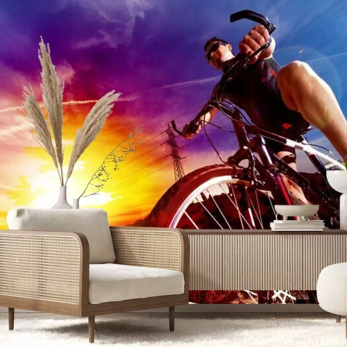 Sticker Deporte y Vida saludable. Bicicleta de montaña y puesta del Sol.