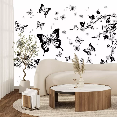 Fototapete Schwarz-weiße Blumen und Schmetterlinge