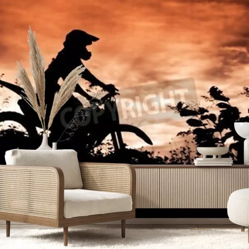 Fototapete Silhouette eines Mannes und eines Geländemotorrades