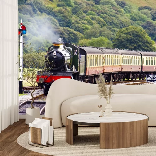 Fototapete Dampfzug in Berglandschaft