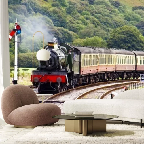 Fototapete Dampfzug in Berglandschaft