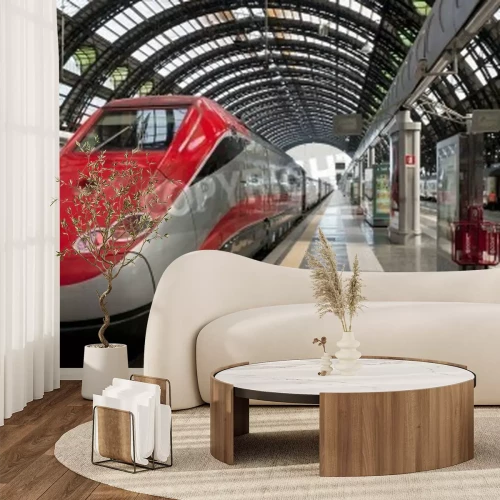 Fototapete Roter Zug in Bahnstation