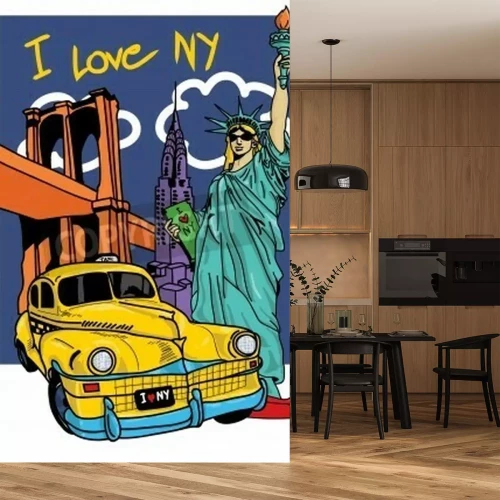 Fototapete Bunte Briefmarke mit Taxi