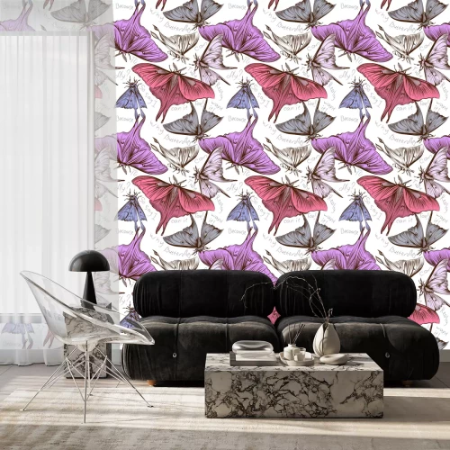 Tapete Schmetterlinge und Inschriften auf weißem Hintergrund