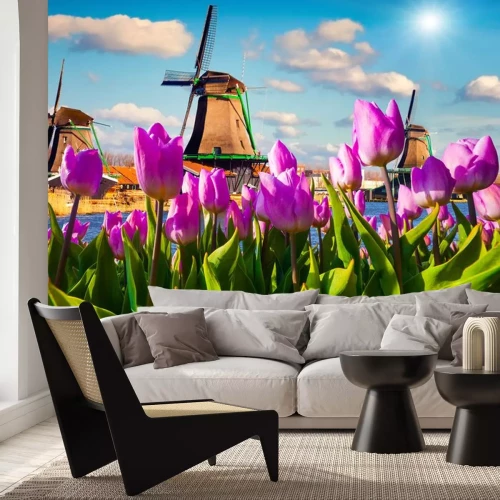 Sticker Rosa Tulpen auf einem Hintergrund von Windmühlen