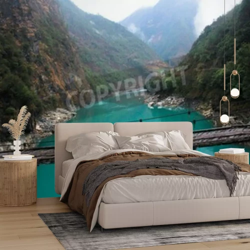 Fototapete Brücke Wald im Nebel