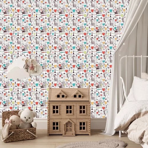 Tapete Schwarz-weiße Tiere mit bunten Herzchen