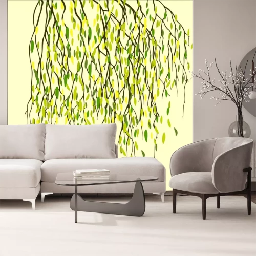 Sticker Frühling Hintergrund mit grünen Blättern, Birkenzweigen.